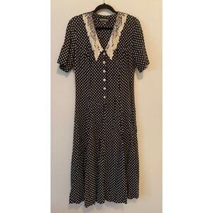 S.L. Fashions Dress Black & White Polka Dot Lace Collar Flower Buttons 10